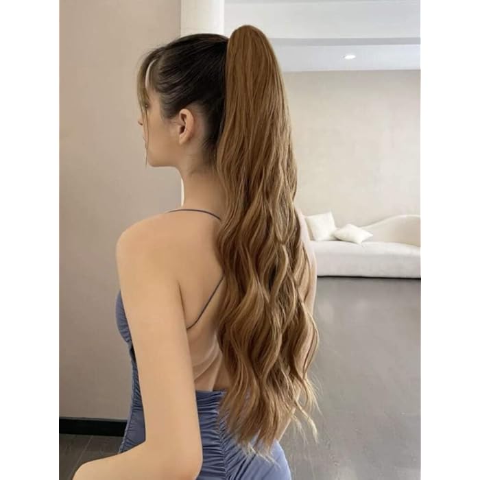 Long Wavy Ponytail Hair Extension, Light Brown Synthetic Fiber, Heat Resistant, Natural Looking